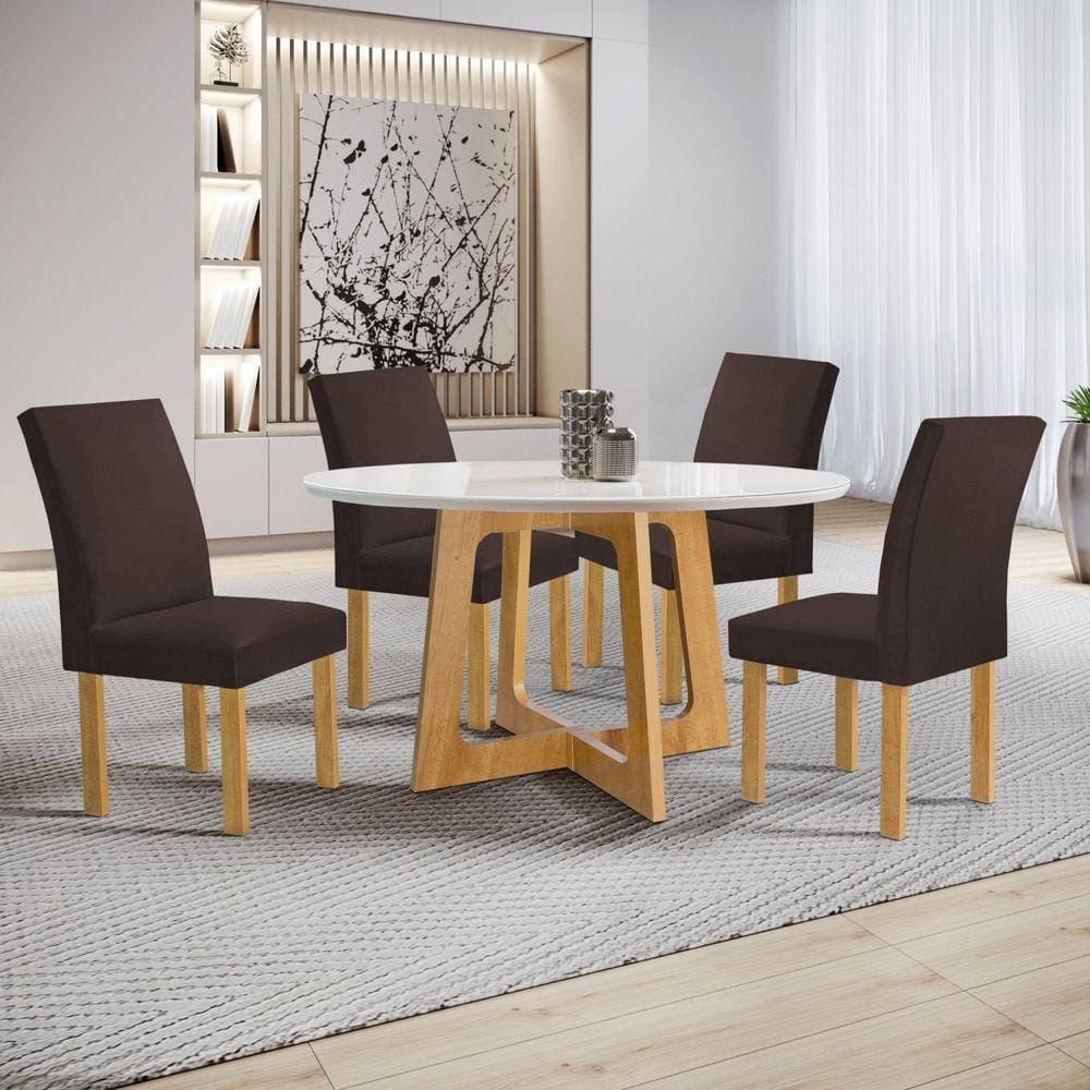 Conjunto Mesa Arizona 120cm com 4 Cadeiras Canela Tampo Redondo Plus com Vidro Cinamomo/Off White/Marrom