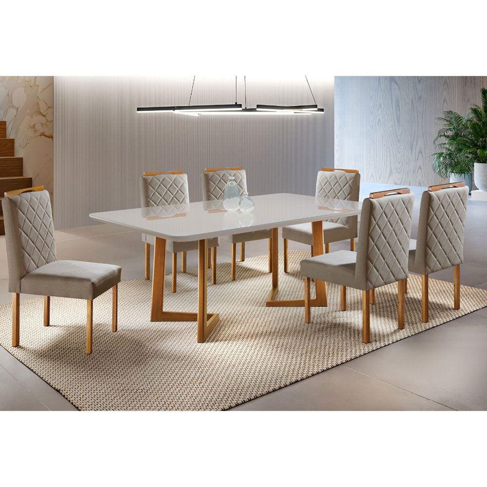 Conjunto Sala de Jantar 6 Lugares Veneza Madeira Maciça Mesa e Cadeiras Linho Areia Móveis Mundial