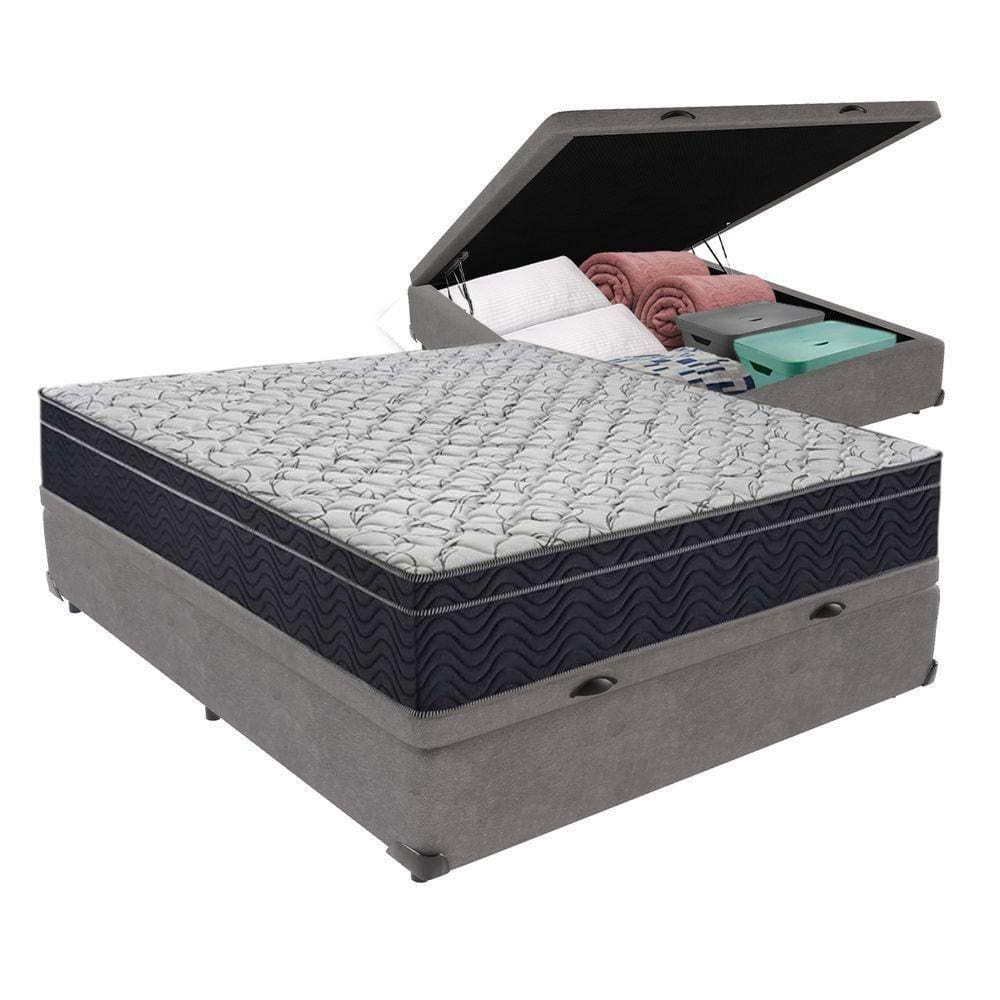 Cama + Box Bau Casal Colchão Extra Firme Ortobom D45 Airtech Cor:cinza