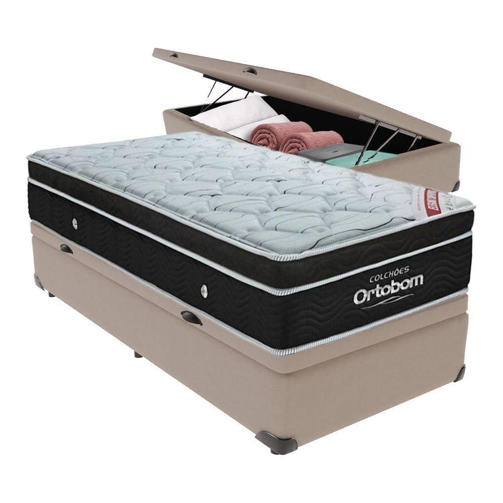 Cama+ Box Com Bau Ortobom Colchão Solteiro Com Molas Ensacadas Cor:bege