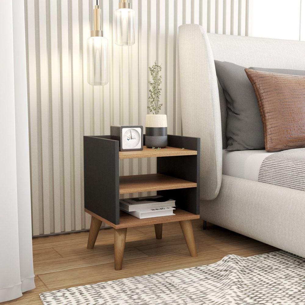 Mesa De Cabeceira Retrô Pés Palito De Madeira Mesinha Lateral Preto + Freió