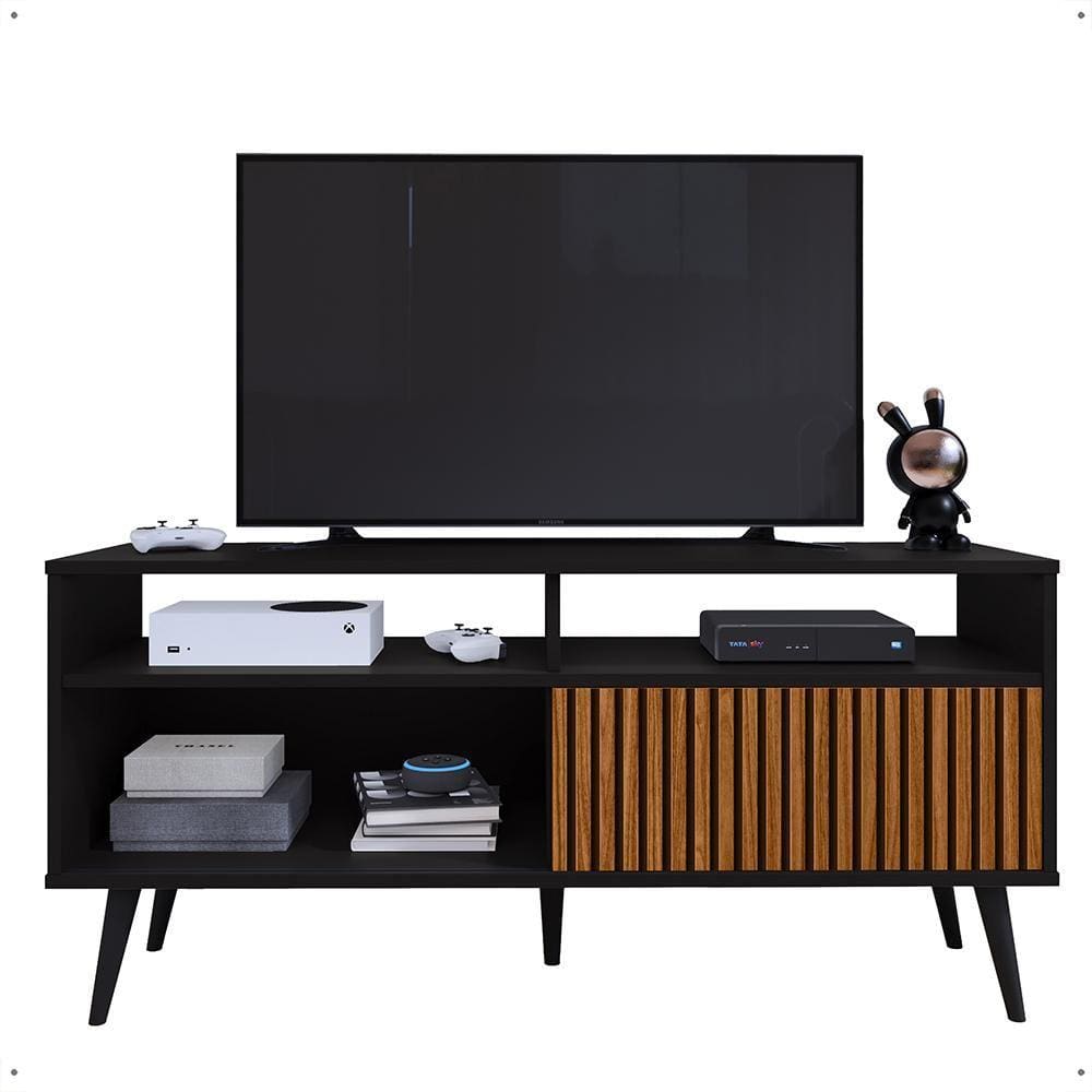 Rack Bancada Home Samba Estante Tv 55 Polegadas Nicho Organizador Porta Correr Sala Quarto Pequeno Retrô - Preto/Ripado - RPM
