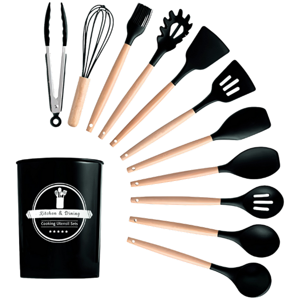 Kit Utensílios Cozinha 12 Peças Silicone Antiaderente - Preto