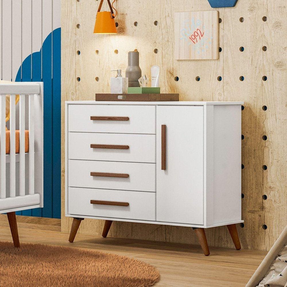 Cômoda Sapateira 1 Porta Com 4 Gavetas Retrô Branco Acetinado