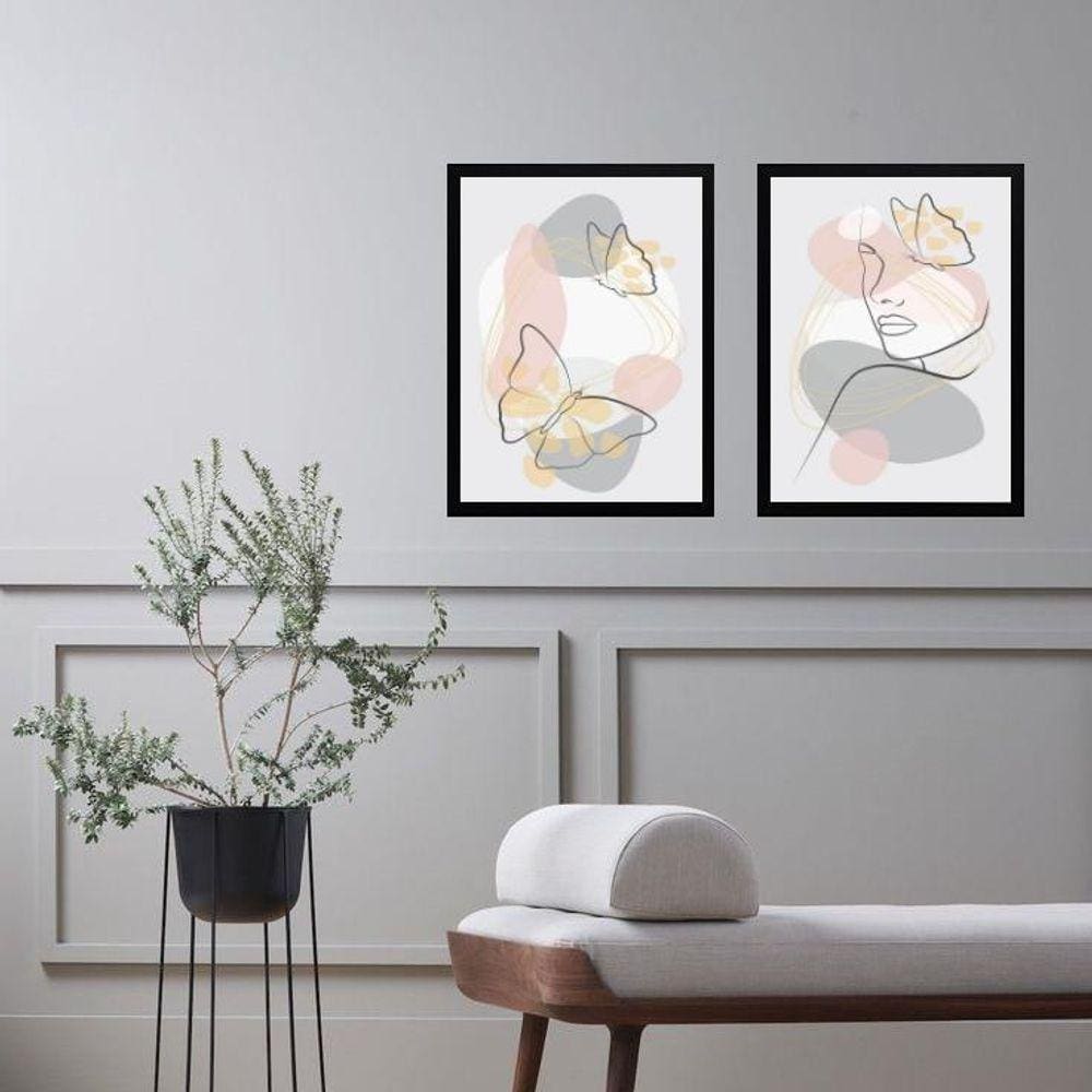 Kit 2 Quadros Borboletas Abstratas Rosa E Cinza 24X18Cm