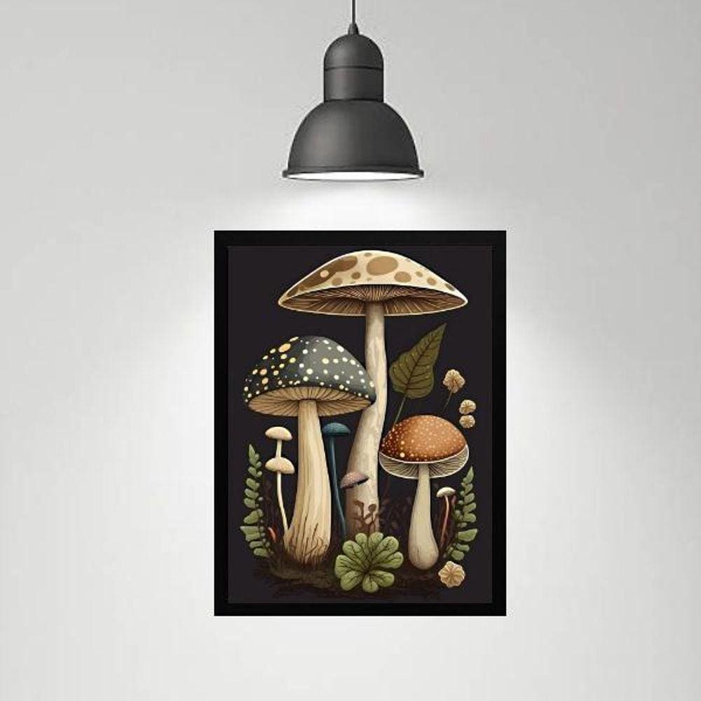 Quadro Decorativo Cogumelos Vintage 33X24Cm - Com Vidro