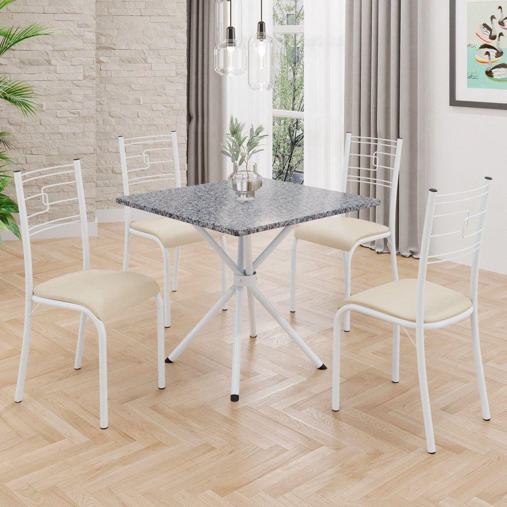 Conjunto Sala de Jantar Mesa Quadrada 70x70cm Tampo Granito Ocre 4 Cadeiras Paraty Creme / Branco