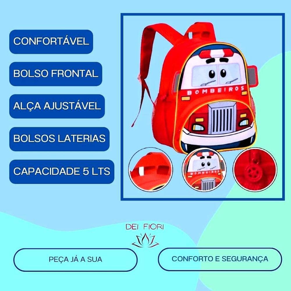 Mochila Escolar Alças Infantil Estampa Carro Dos Bombeiros