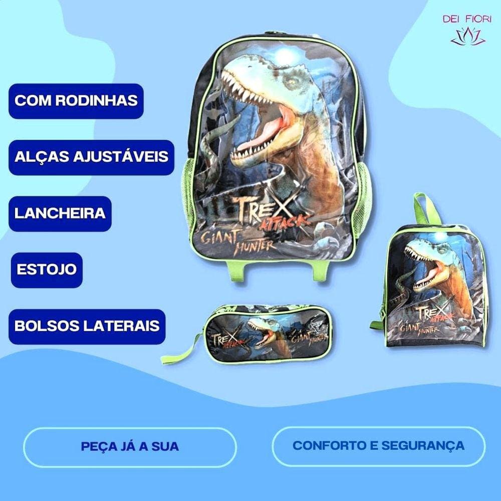 Kit Mochila De Rodinha Estojo Organizador e Lancheira Menino