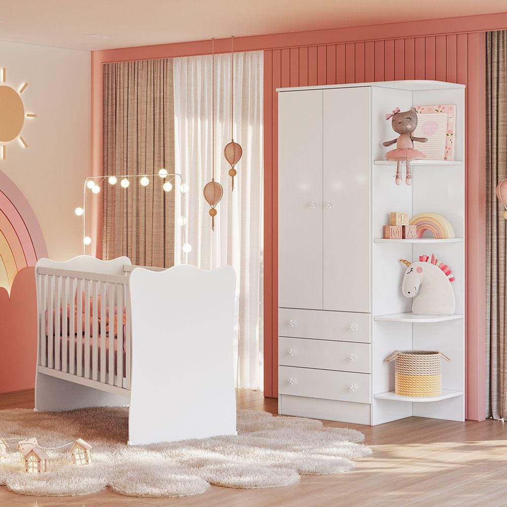 Quarto de Bebê Doce Sonho com Roupeiro 825 e Berço Simples 1 Qmovi Branco