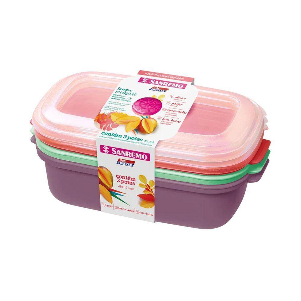 Potes Plástico Freezer Alimentos 1.1 L Sanremo Kit C/3 Pçs