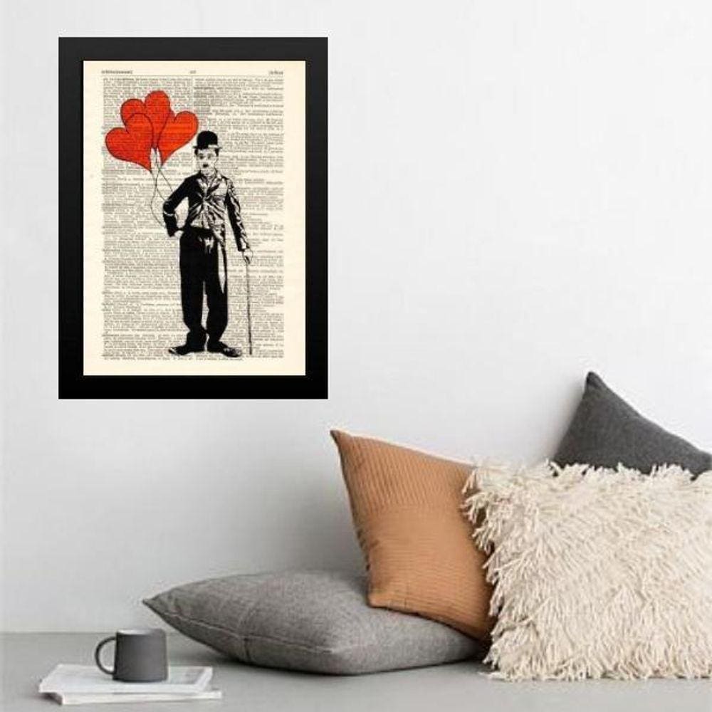 Quadro Charlie Chaplin Balões Corações 24X18Cm