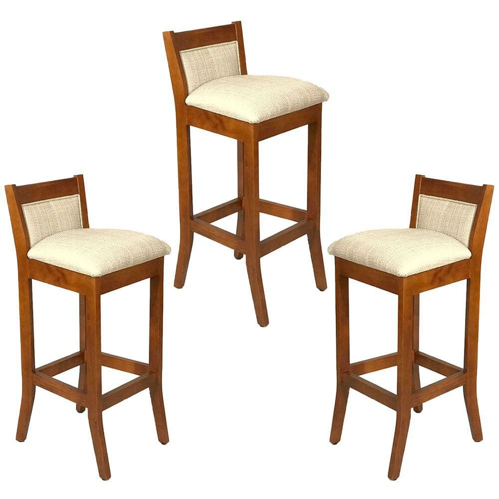 Kit 3 Banquetas Alta Estofada Lucca 36x93 Cm Bancada Bar Madeira Maciça Linho Bege L57