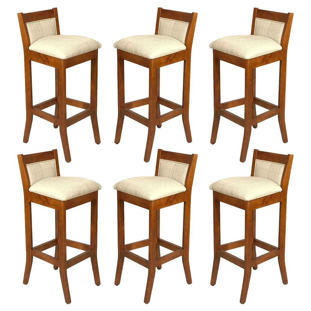 Kit 6 Banquetas Alta Estofada Lucca 36x93 Cm Bar Madeira Maciça Linho Bege L57