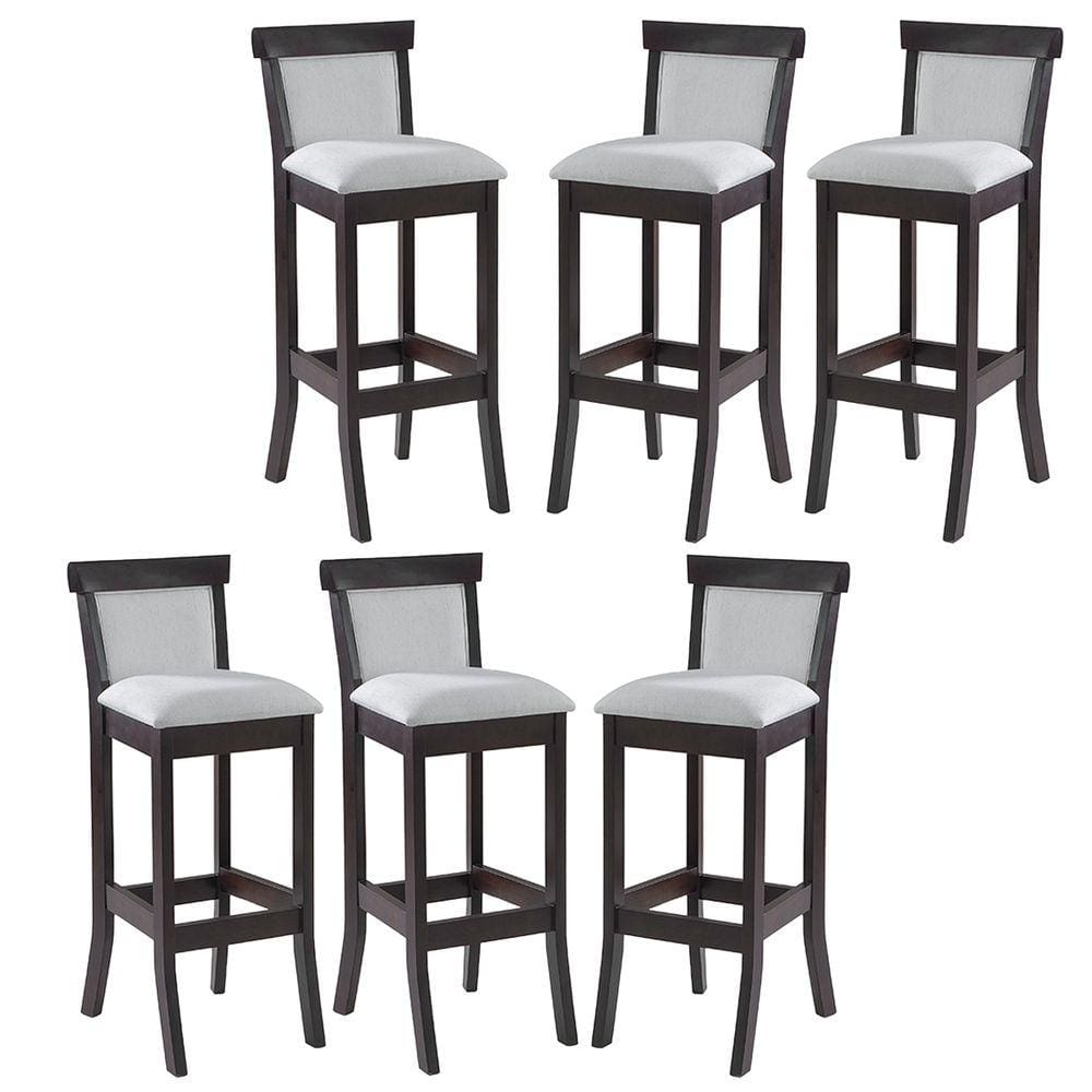 Kit 6 Banquetas Alta Estofada Encosto Mônaco 36x100Cm Madeira Maciça Linho Bege Cru L71