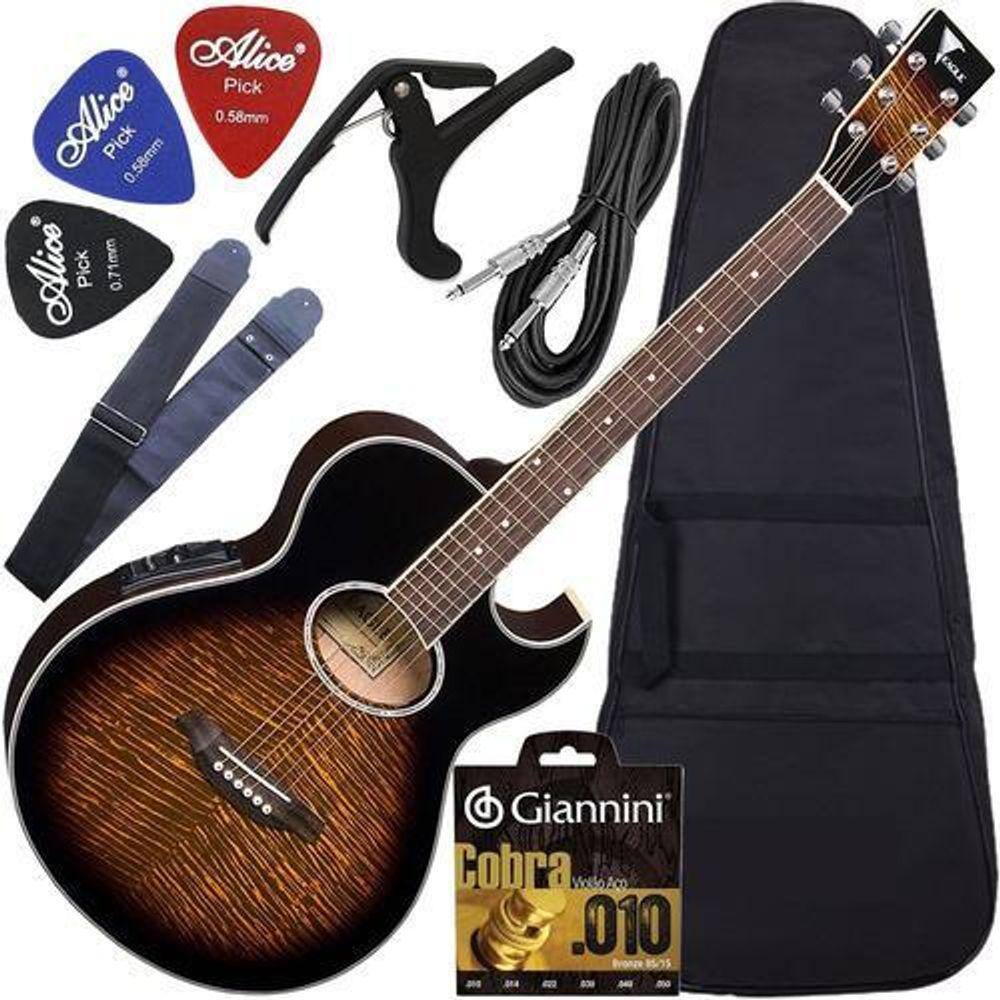 Kit Violão Eletroacústico Completo Gl36 Yellow Burst Eagle