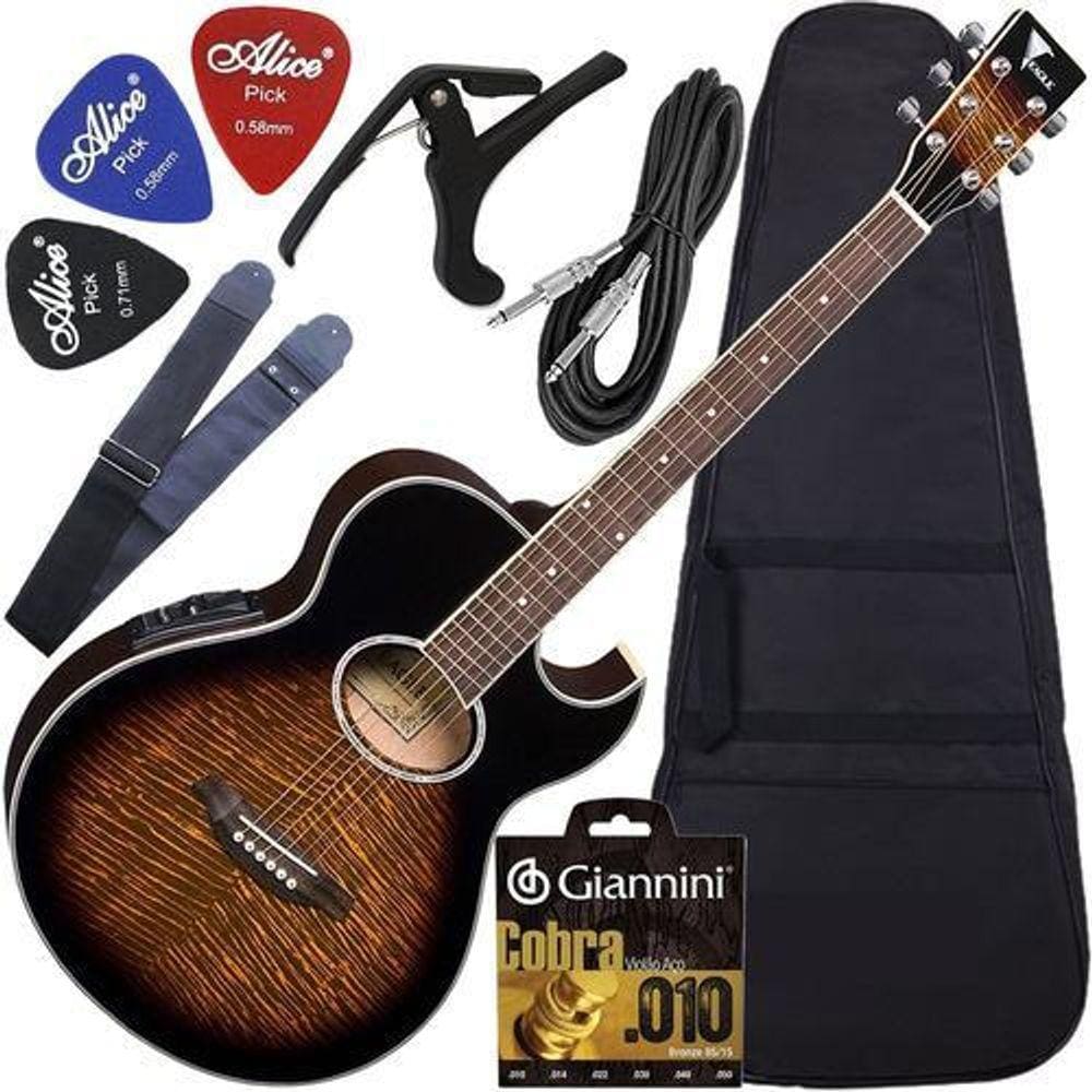 Kit Violão Eagle Eletroacústico Completo Gl36 Yellow Burst