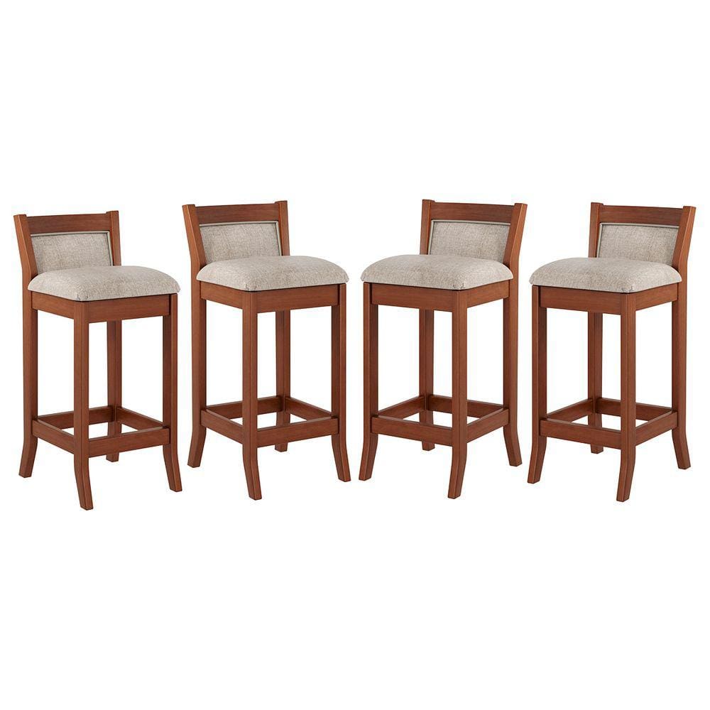 Kit 4 Banquetas Média Estofada Lucca 36x83Cm Bar Balcão Madeira Maciça Linho Bege M58