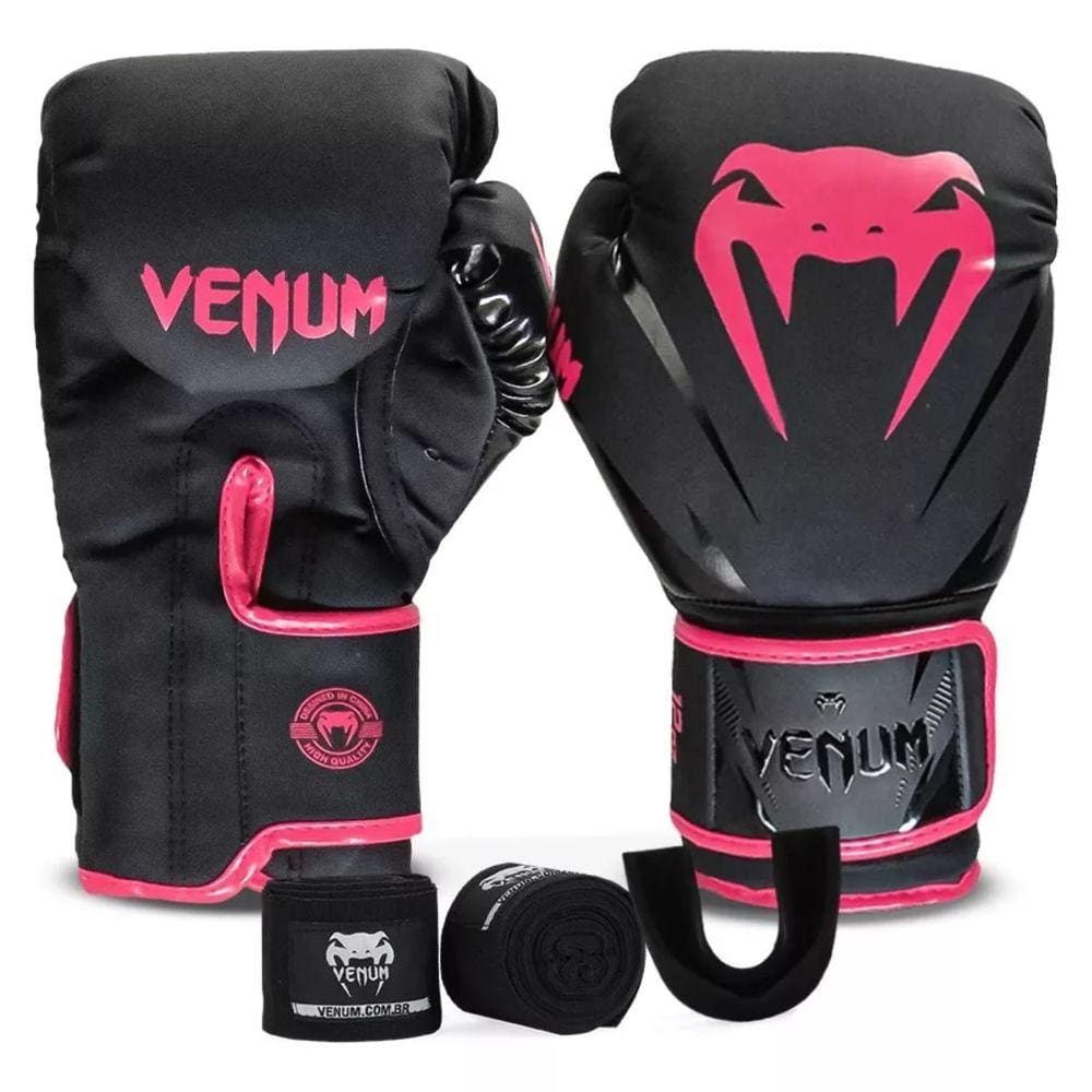 Kit Boxe Venum Impact 2.0: Luva + Bandagem + Bucal - Rosa