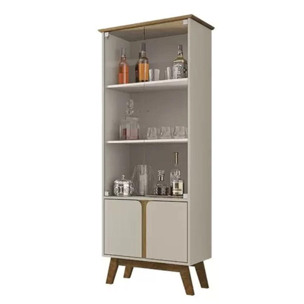 Cristaleira Retrô Portas de Vidro Pés Madeira Madri Off-White/Cinamomo - Bechara