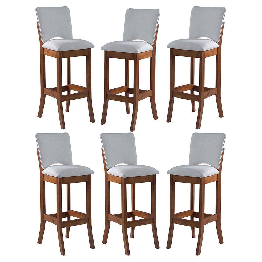 Kit 6 Banquetas Alta Estofada Bianca 38x108Cm Madeira Linho Bege Cru L71