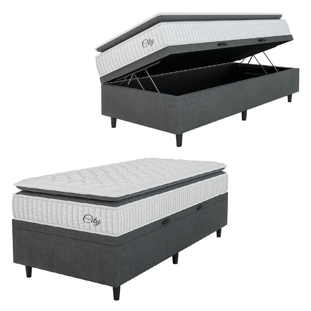 Cama Box Baú Colchão Solteiro Molas Ensacadas City Pillow Top 88x64cm Branco/preto Hellen Cinza