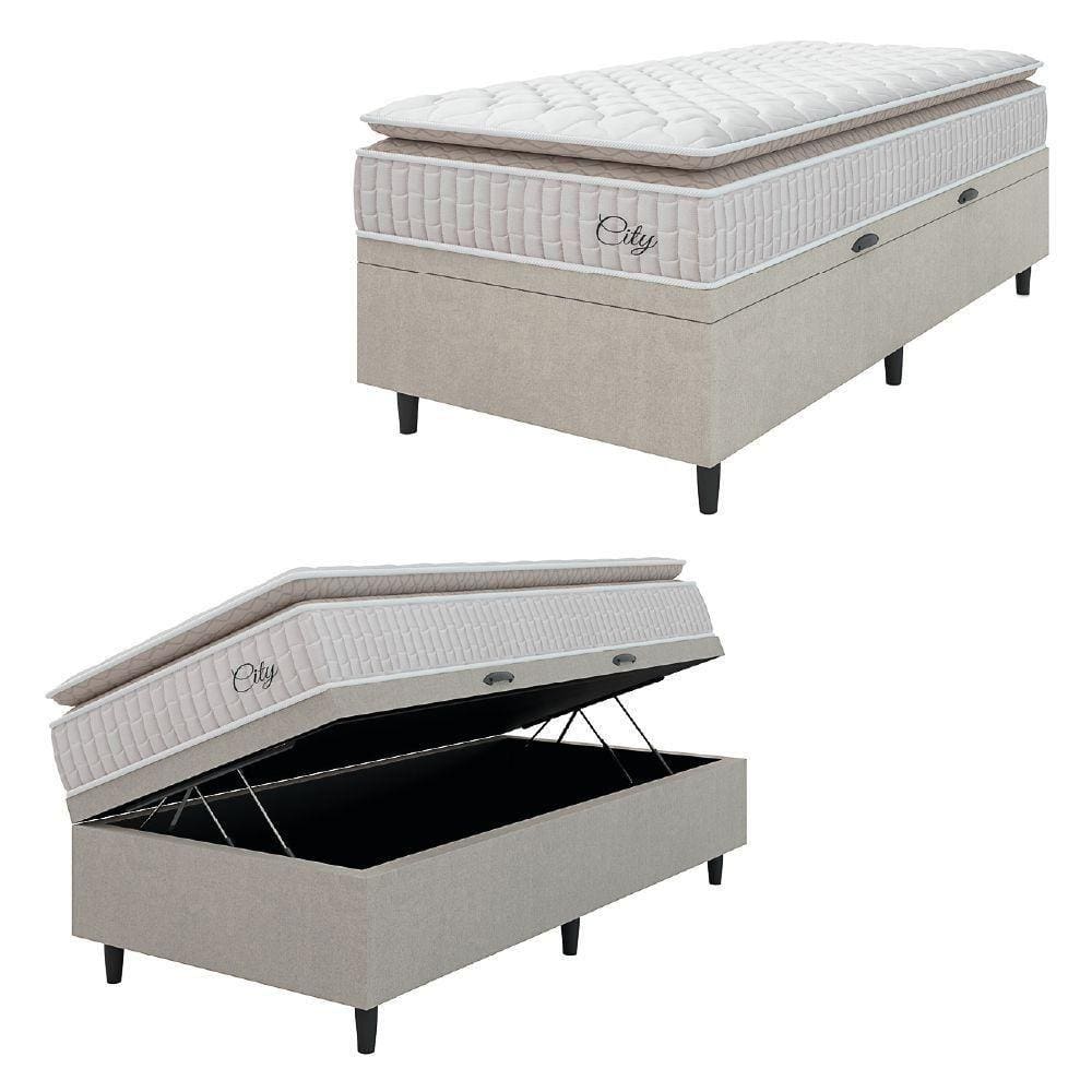 Cama Box Baú Colchão Solteiro Molas Ensacadas City Pillow Top 88x64cm Branco/bege Hellen Bege
