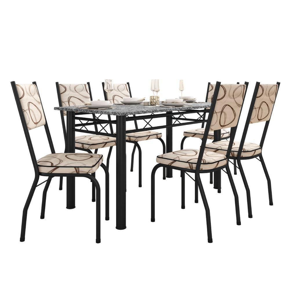 Conjunto Sala De Jantar Mesa Tampo Granito 1,40m Com 6 Cadeiras Diana Preto/cedro Artefamol Preto Fosc