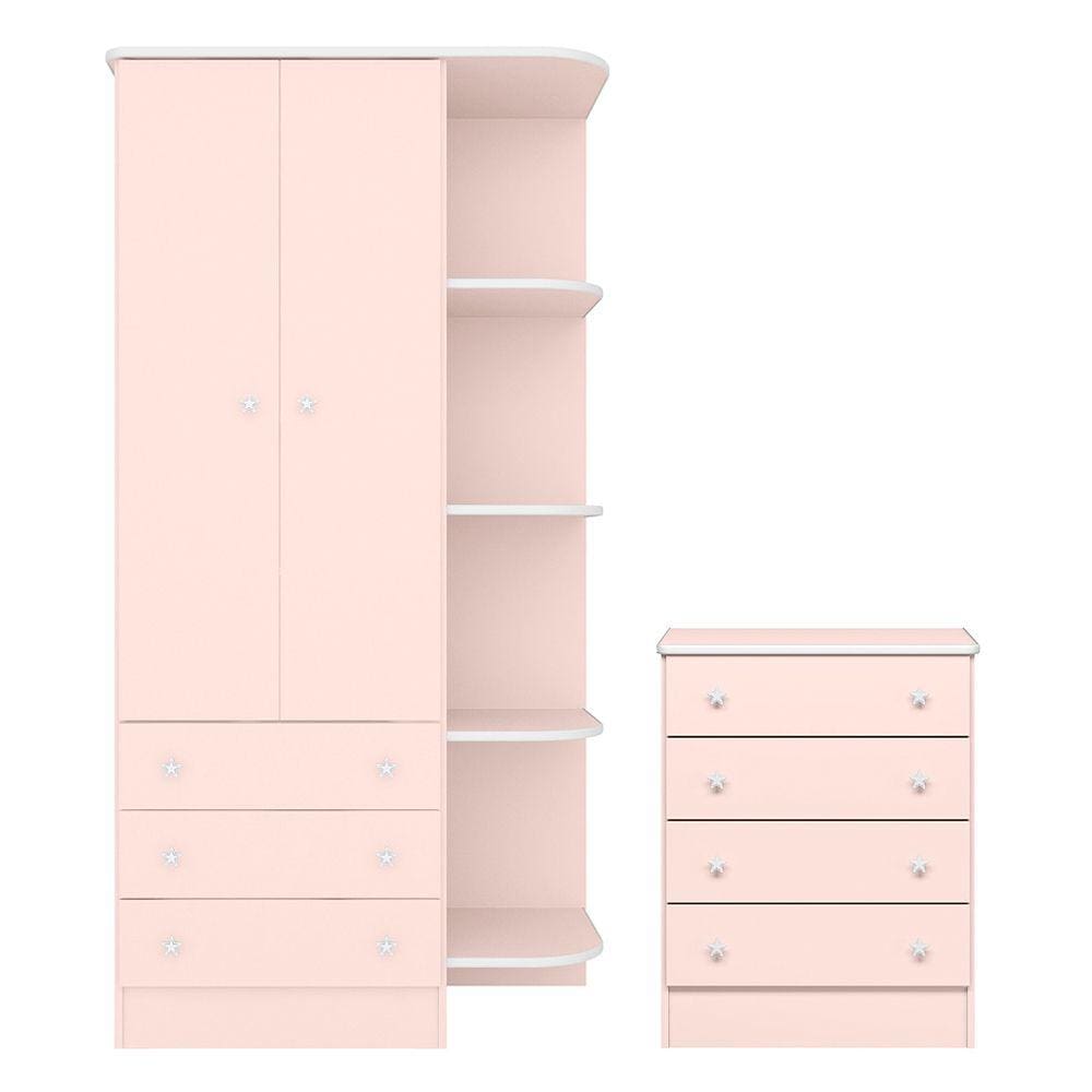 Quarto de Bebê Doce Sonho com Roupeiro 825 e Cômoda 777 Qmovi Rosa Acetinado