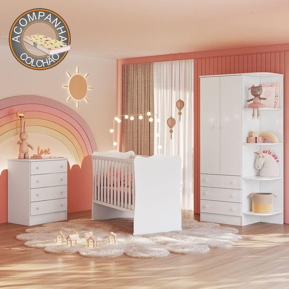 Quarto de Bebê Doce Sonho Completo Qmovi Branco + Colchão Gazin