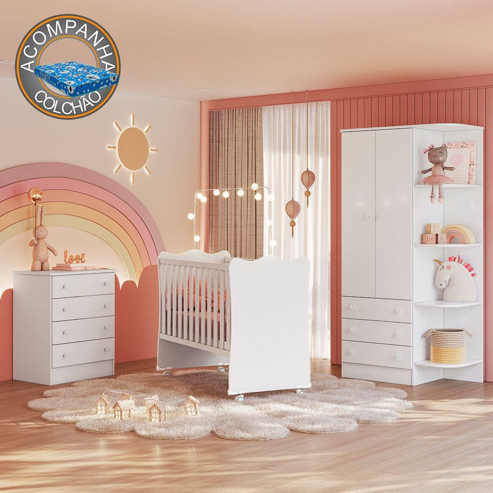 Quarto de Bebê Doce Sonho Completo c/ Rodízios Qmovi Branco + Colchão Ortobom