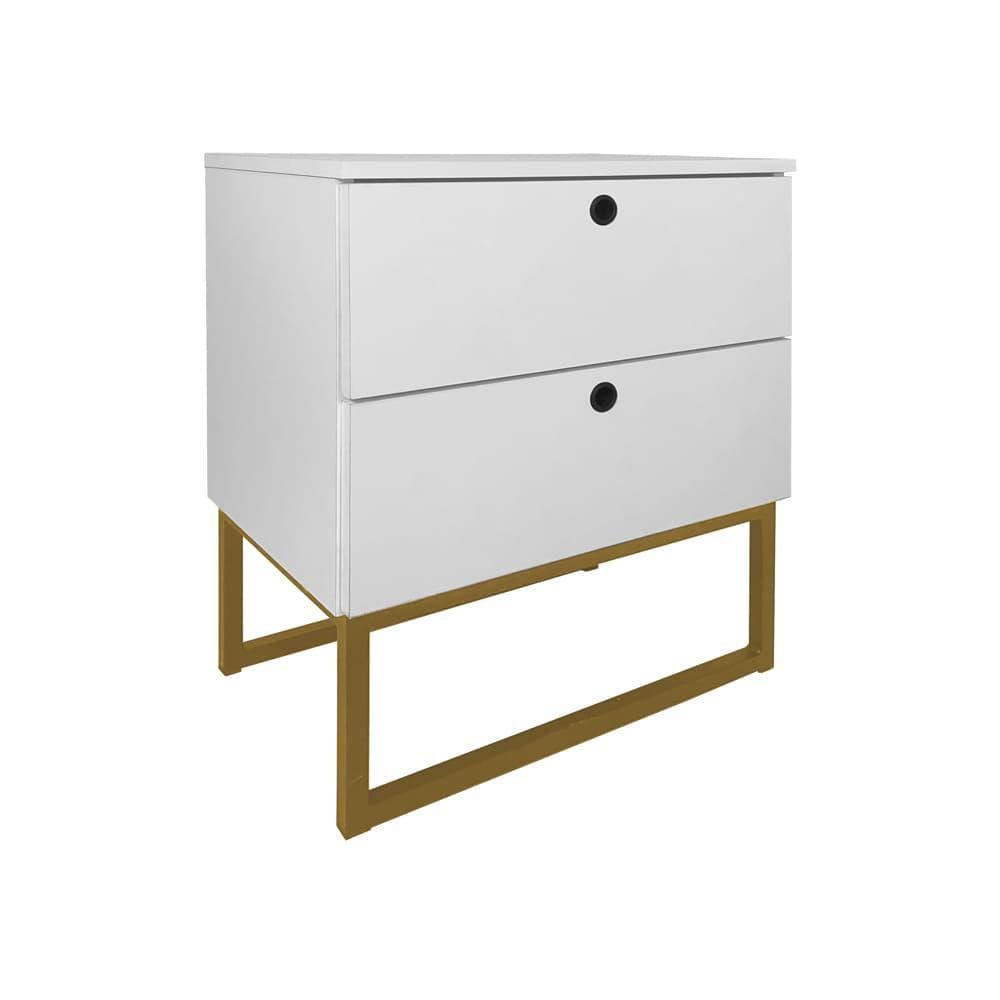 Mesa de Cabeceira Slim 2 Gavetas Branco Base Metálica Dourada - Vallisa Decor