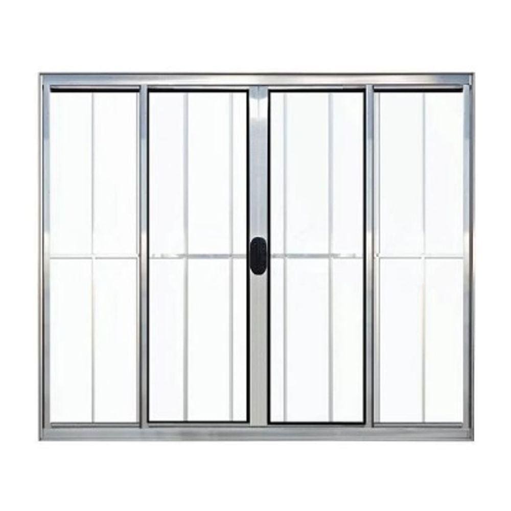Janela 120x150 4 Folhas Vidro c/Grade - Alumínio Brilhante - Linha 18 Modular