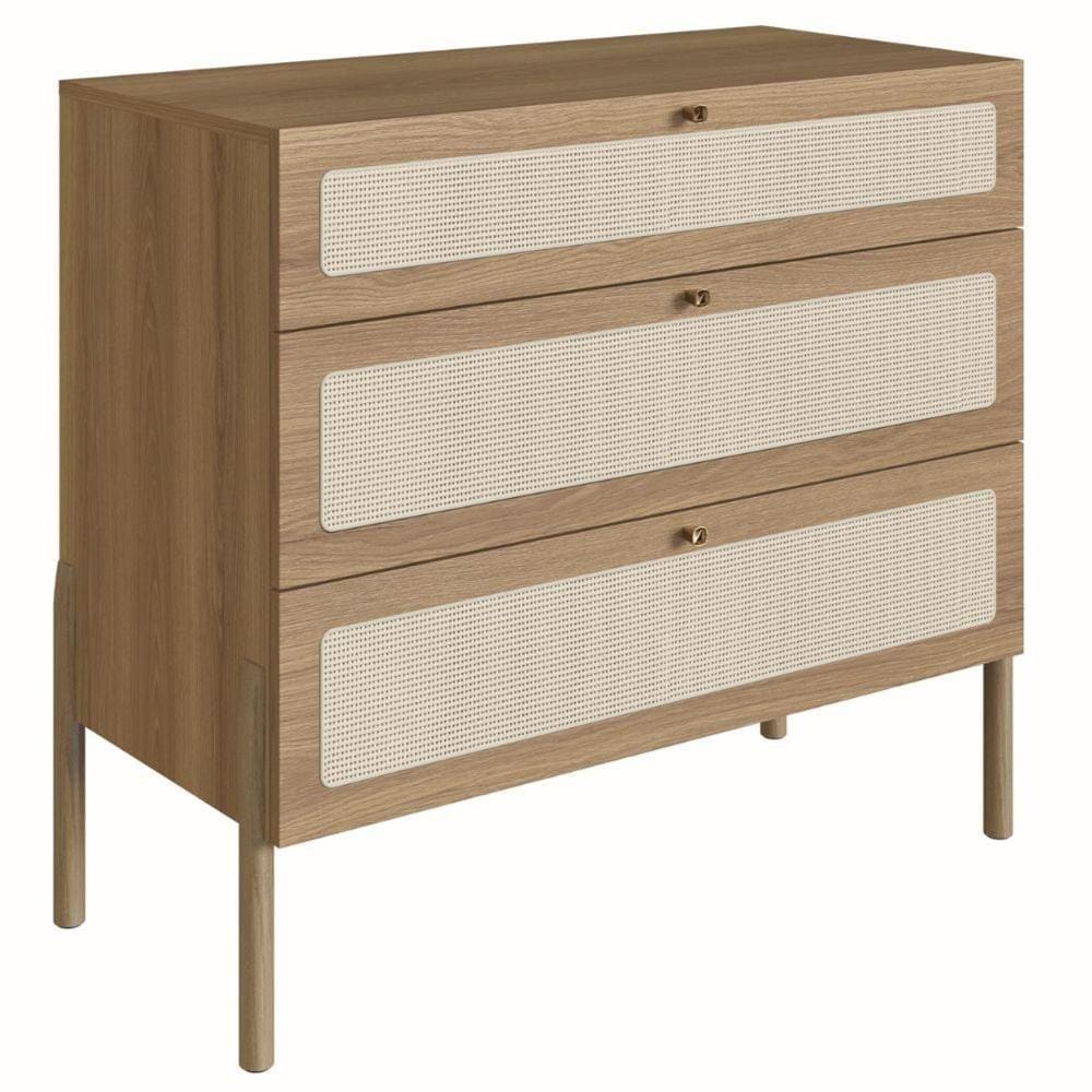 Cômoda Oslo Artesano 93 Cm (Largura) Em Mdp Cor Palha Natural Três Gavetas Base Madeira