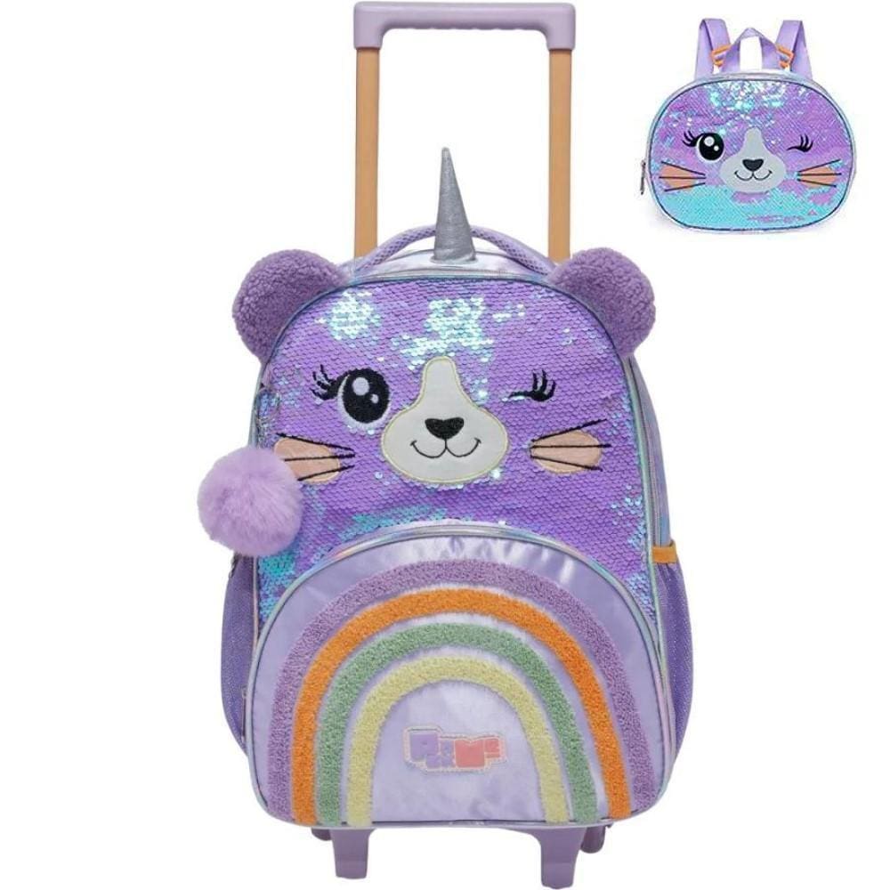 Kit Mochila de Rodinhas Lancheira Pack Me Sweet Leopard Roxo