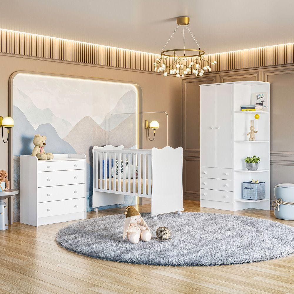 Quarto de Bebê Doce Sonho Completo c/ Rodízios Qmovi Branco
