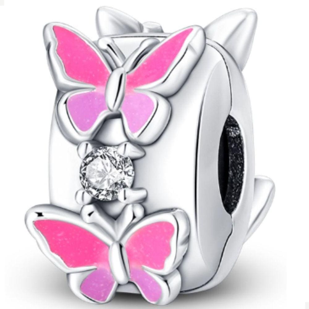 Berloque Charms Separador Borboletas Rosa Prata 925