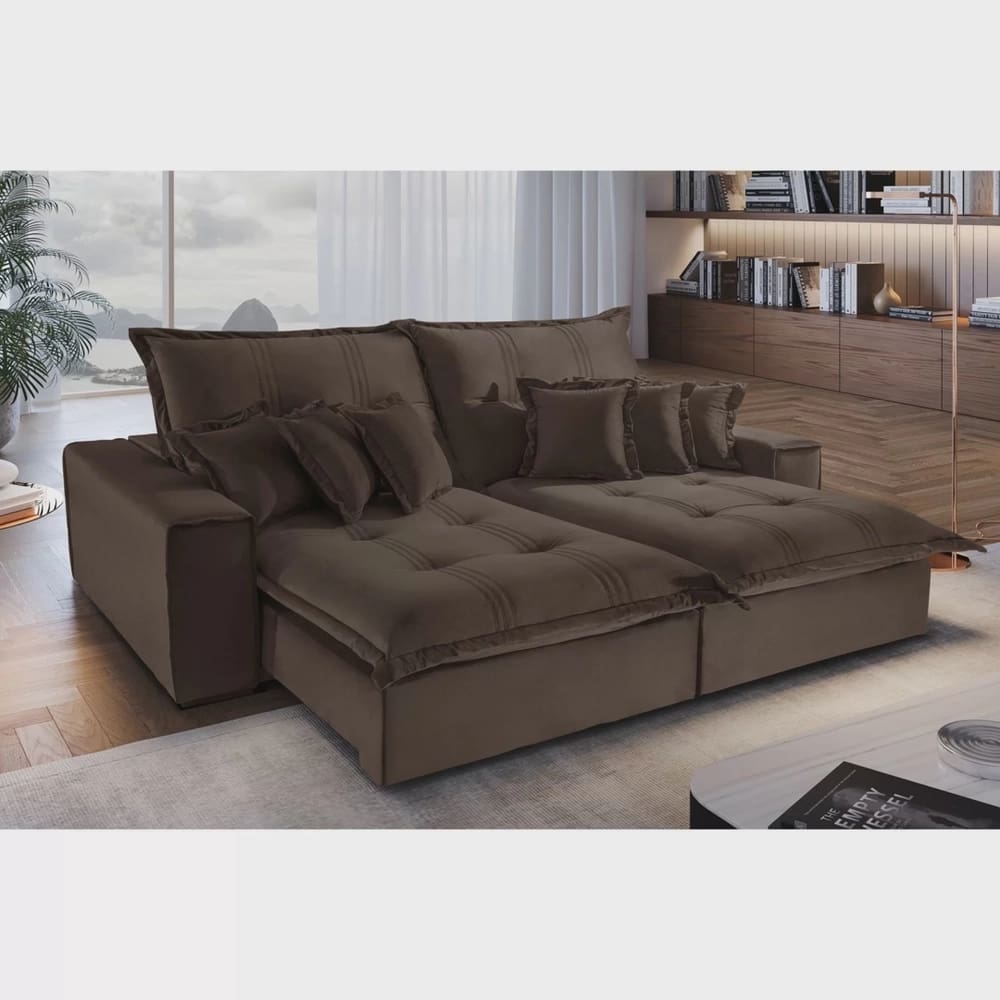 Sofá Retrátil Reclinável Luxo Halley 2.50m Molas Ensacadas Marrom