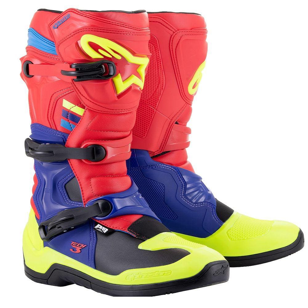 BOTA ALPINESTARS TECH 3 VERMELHO AZUL ESCURO AMARELO FLUO 12  Ean :8059347051635