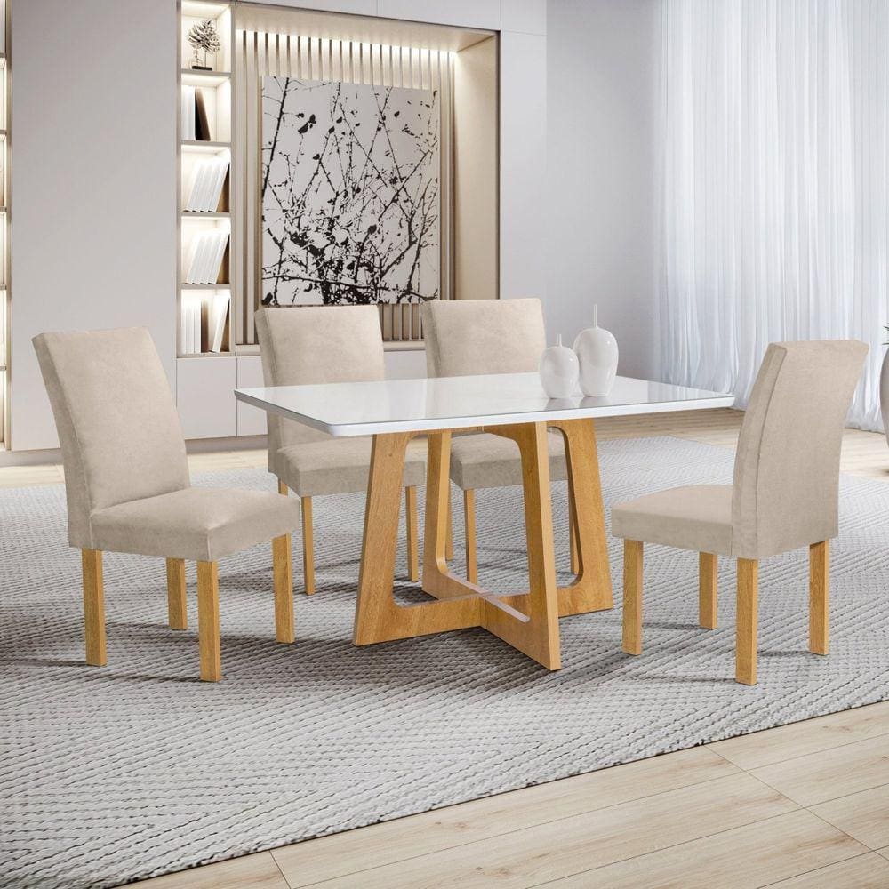 Conjunto Mesa Arizona 120cm com 4 Cadeiras Canela Tampo Smart Plus com Vidro Cinamomo/Off White/Bege