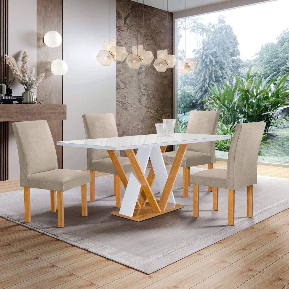 Conjunto Mesa Manuela 120cm com 4 Cadeiras Canela Tampo Dakota Plus com Vidro Cinamomo/Off White/Bege