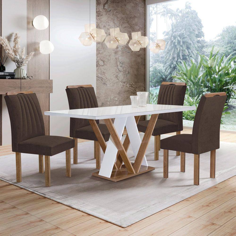 Conjunto Mesa Manuela 120cm com 4 Cadeiras Arizona Tampo Dakota Plus com Vidro Chocolate/Off White/Marrom
