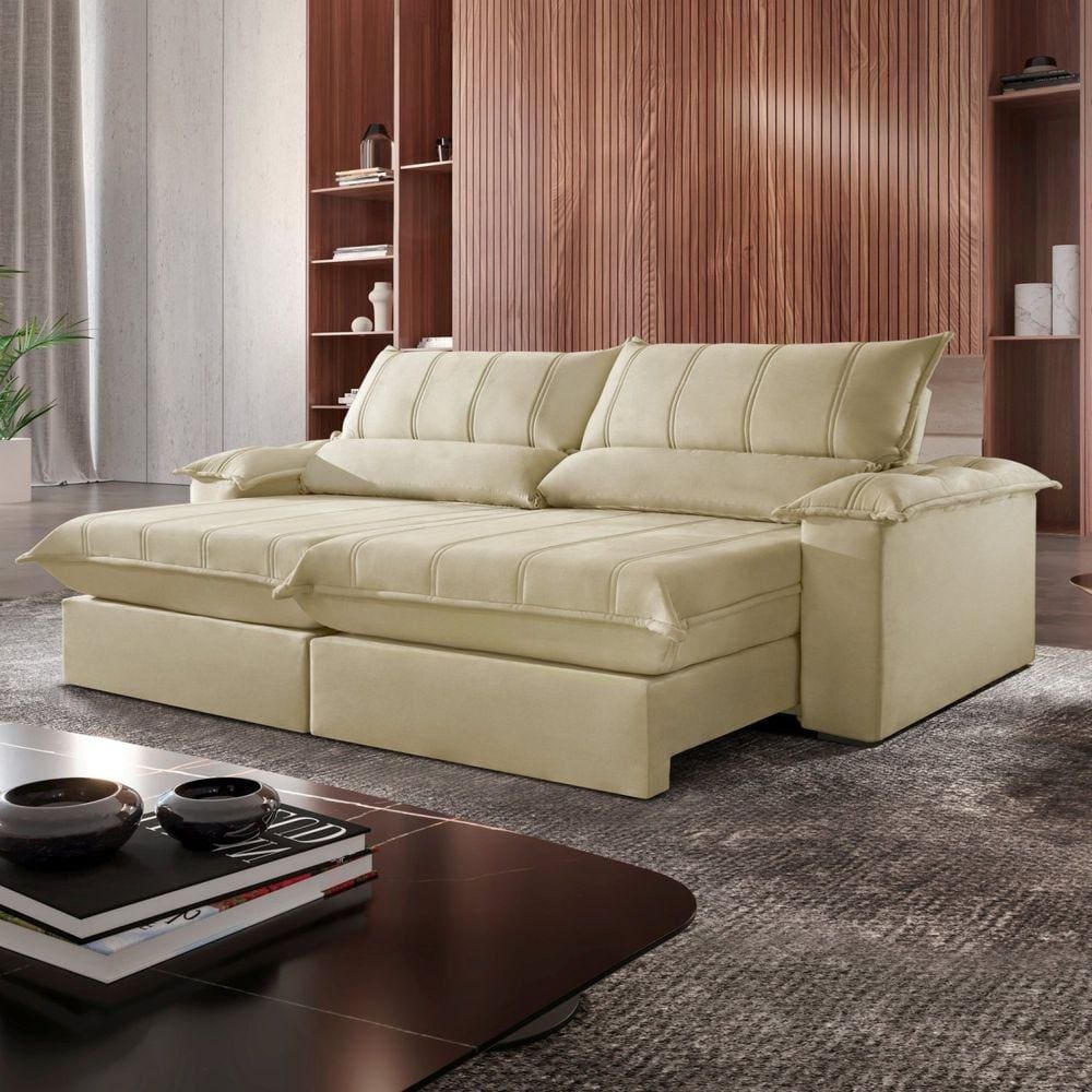 Sofá Retrátil e Reclinável com Catraca Blindada 240cm Porto Bello Veludo Jolie/Bege