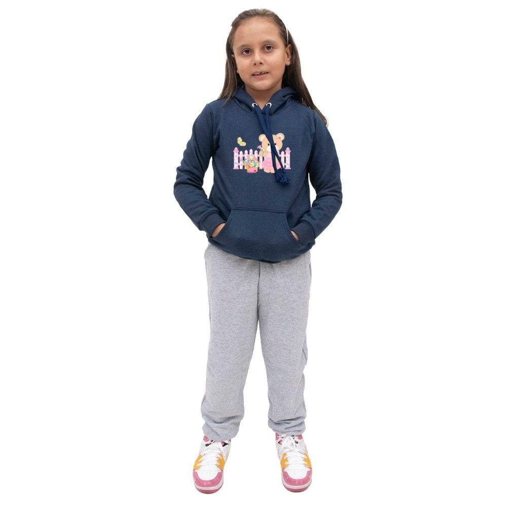 Kit de Blusa e Calça Moletom Infantil Menina Estampa Urso e Flores Costuras Reforçadas Inverno