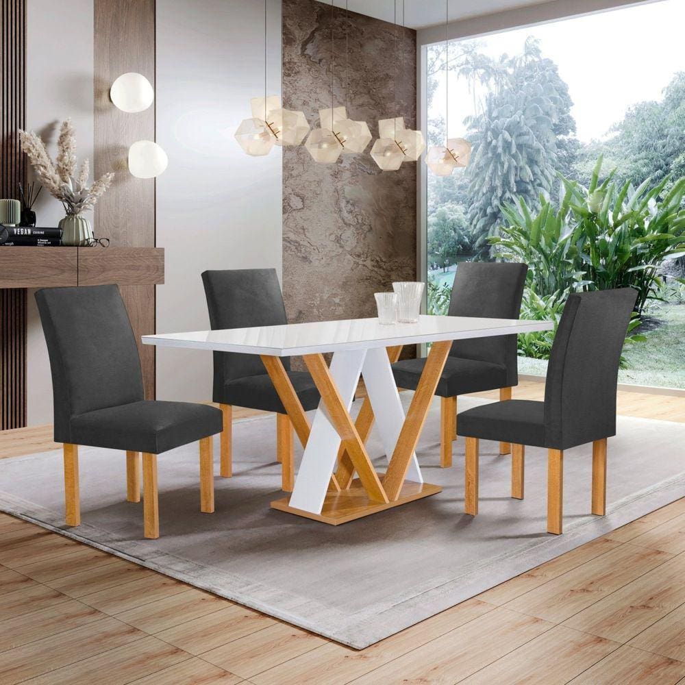 Conjunto Mesa Manuela 120cm com 4 Cadeiras Canela Tampo Dakota Plus com Vidro Cinamomo/Off White/Cinza