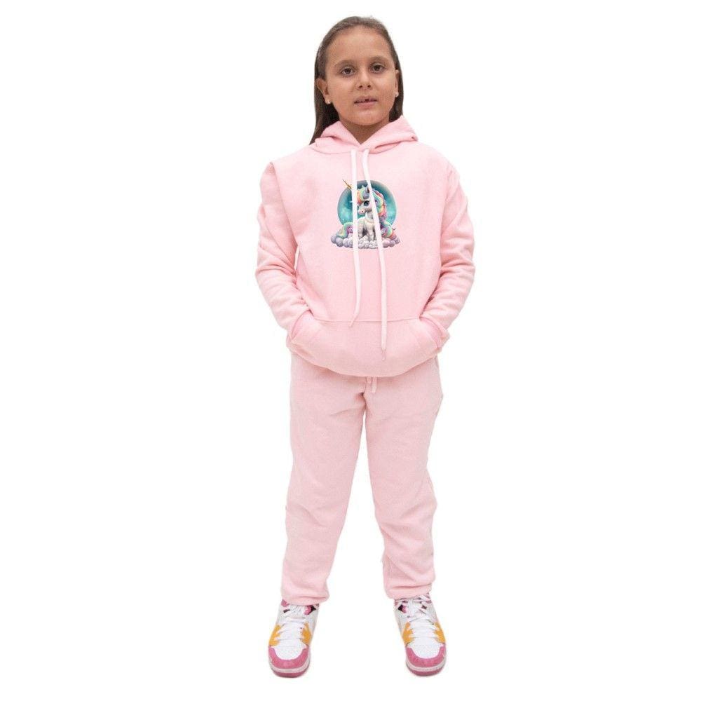 Conjunto Blusa Canguru Menina Infantil Estampa Unicornio Com Calça Basica Quentinha Para Inverno