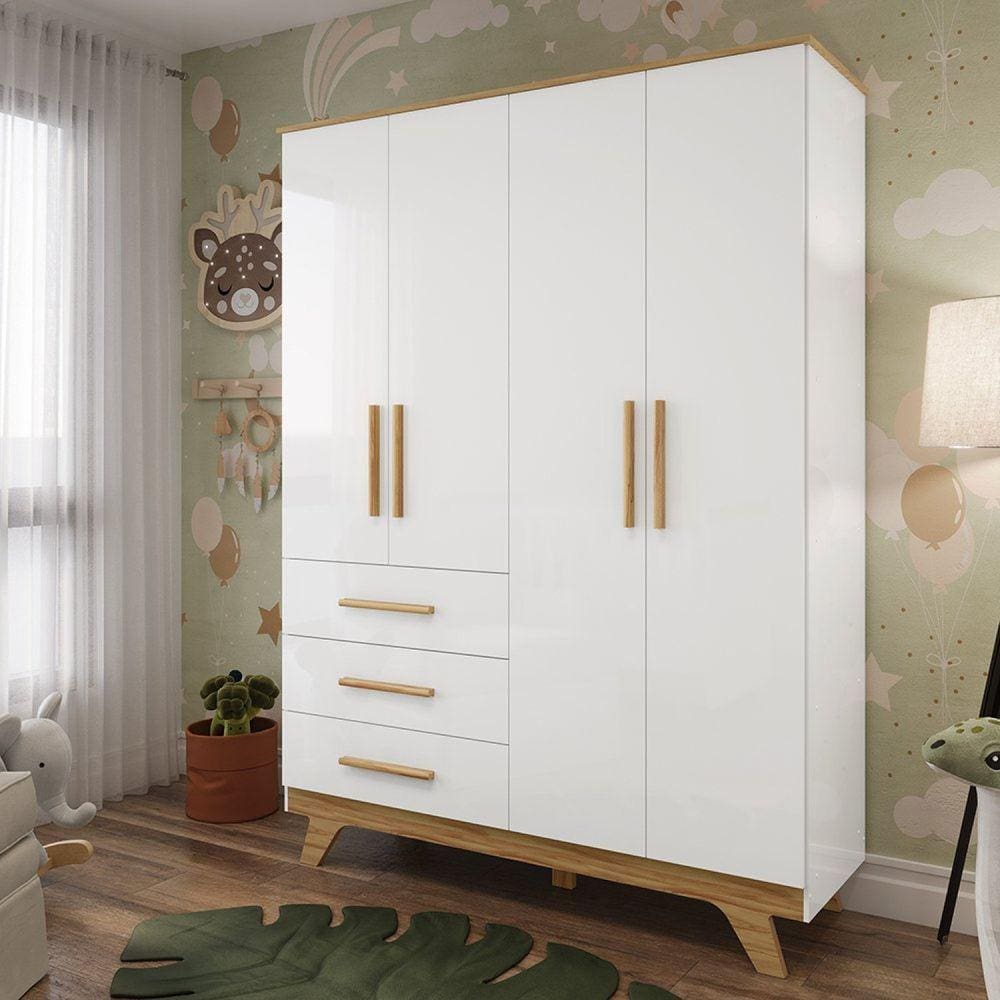 Guarda Roupa Infantil 4 Portas 3 Gavetas 100% Mdf Kakau Retrô Branco Brilho/Amêndoa