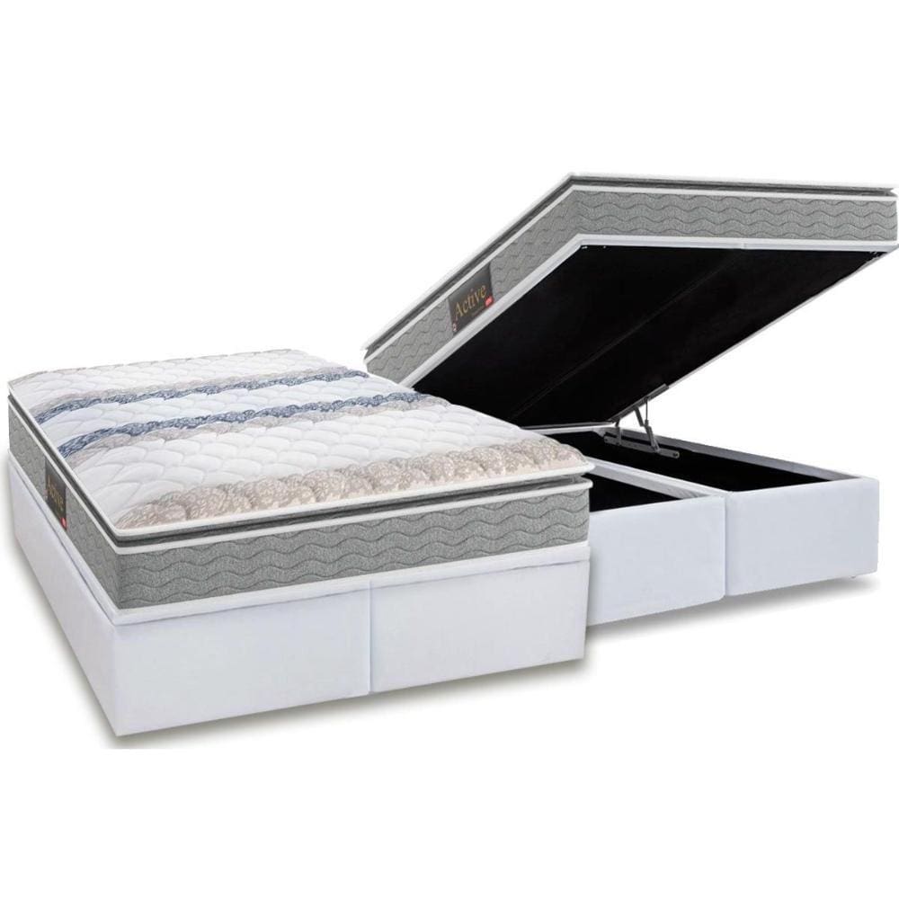 Cama Box Baú Queen: Colchão Espuma Pelmex D28 Active Extra Firme + Base CRC Courano White(158x198)