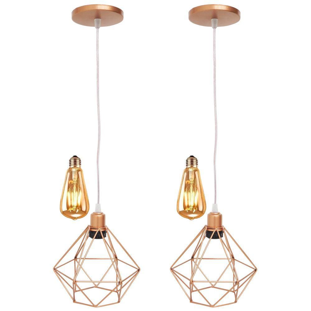 2 Pendentes Aramado Diamante Lustre Cabo Cristal P + 2 Lâmpadas Led ST64 Vintage Retrô Agp Gmh