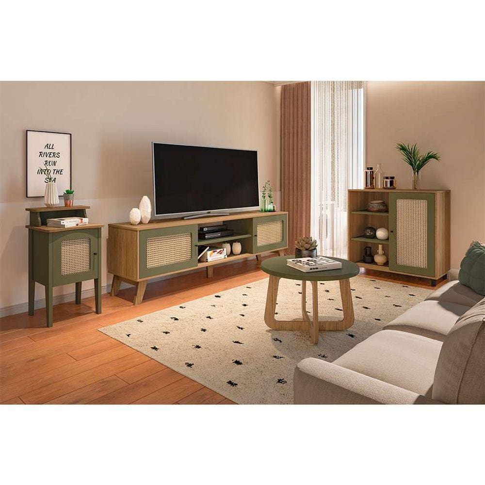 conjunto para sala de estar charlotte com rack para tv até 75 polegadas, buffet 1 pt, mesa lateral 1 pt e mesa de centro verde menta e carvalho